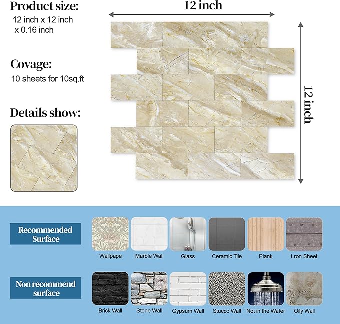 20-Pack Peel and Stick Tile Backsplash 12"X12" PVC Wall Tiles, Stick on Backsplash for Kitchen, Bathroom Tile, Fireplace Décor, Laundry Table, Stair Decals in Vintage Polished Beige