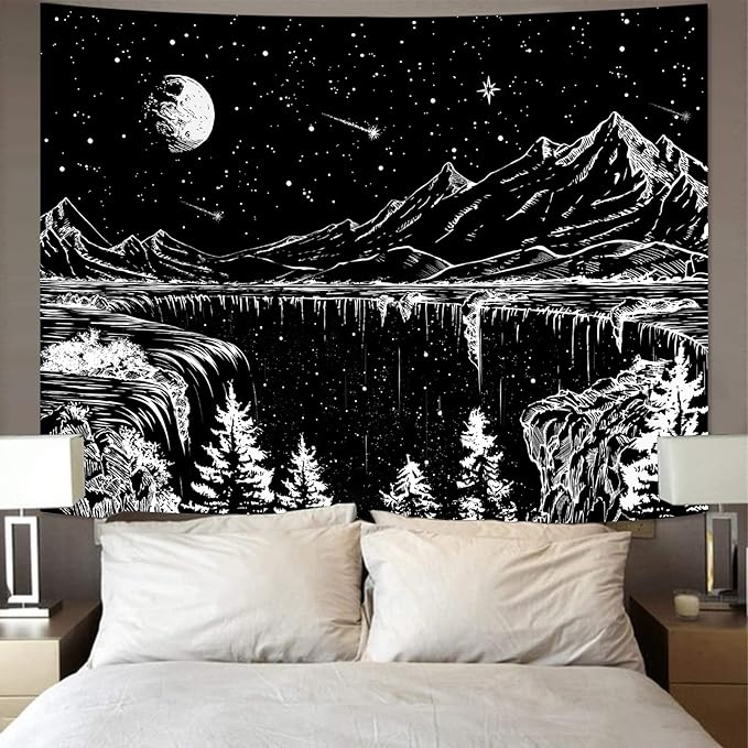 Zussun Black and White Tapestry Starry Night Mountain Tapestries for Bedroom Aesthetic Moon and Stars Tapastry's Wall Hanging Dark Nature Forest Wall Tapestry for Living Room Dorm (80'' × 60'')