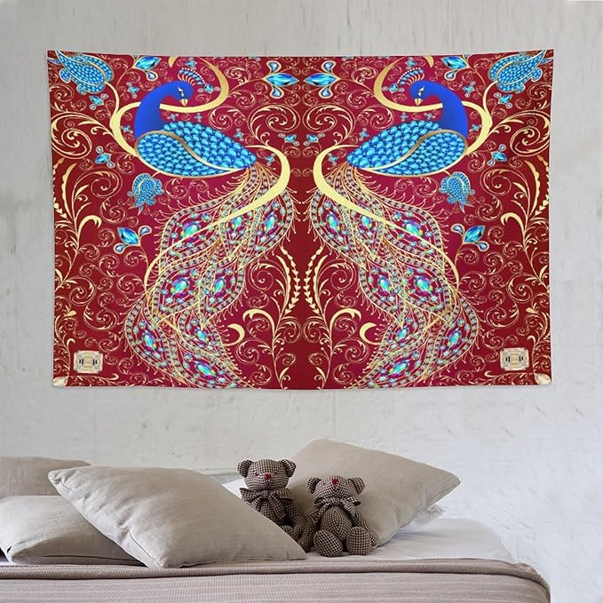 ZhiRain Peacock Ornament Tapestry Wall Hanging Golden Red Background Elegant Bohemian Style Tapestries Home Decor for Living Room Bedroom Farmhouse Apartment Dorm 60"x90"