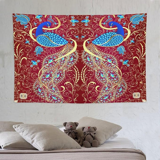 ZhiRain Peacock Ornament Tapestry Wall Hanging Golden Red Background Elegant Bohemian Style Tapestries Home Decor for Living Room Bedroom Farmhouse Apartment Dorm 60"x90"