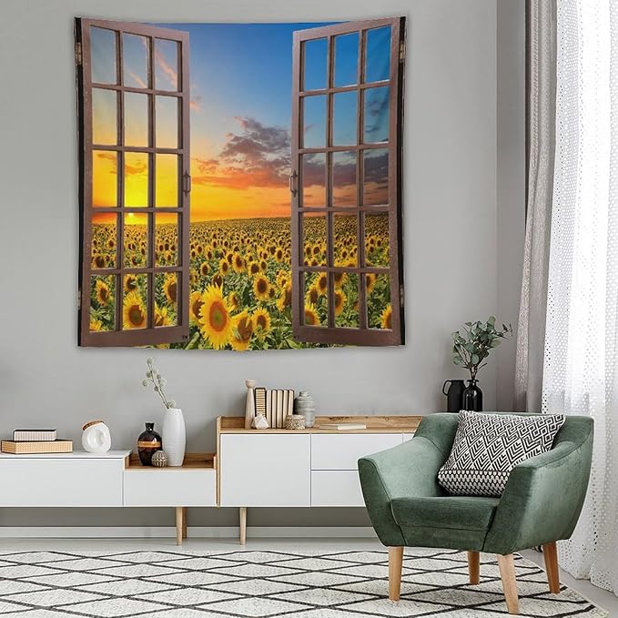 ZhiRain Sunflowers Scenery Tapestry Wall Hanging Through The Window Fields Sunset Landscape Tapestries Home Decor for Living Room Bedroom Apartment Farmhouse Dorm 60"x60"