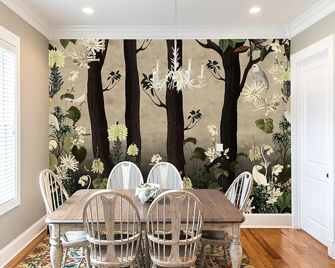 YIHWM -Tropical Botanical Birds and Flowers Dark Backdrop Large Fabric Wallpaper Plant Animals Jungle Bedroom Bathroom Wall Mural- 137"x96"（ not Peel and Stick）