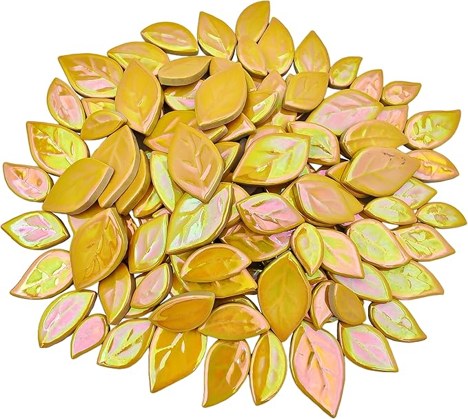 500g/1.1lb Leaf-Shaped Ceramic Mosaic Tiles,Ceramic Mosaic Pieces for Crafts,Mosaic Tiles for Home Decoration or DIY Crafts,Mosaic Making Supplies. (Iridescent Yellow)