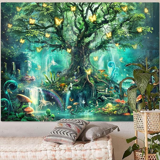 Zussun Fantasy Forest Tapestry Green Fairy Magical Tree of Life Tapestries for Bedroom Aesthetic Nature Plant Mushroom Butterfly Elves Wall Tapestry for Living Room Dorm (60" x 44")