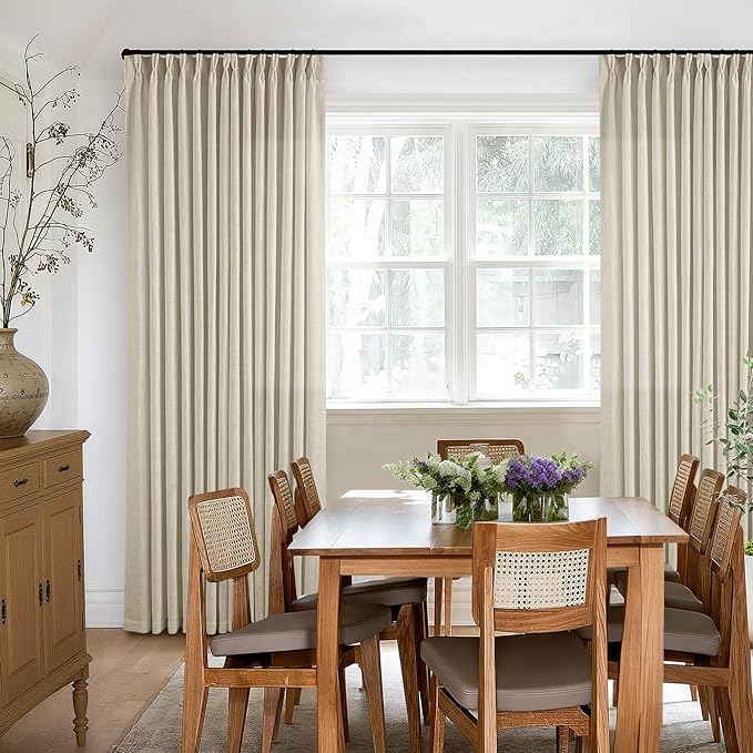 90 Inch Linen Pinch Pleated Curtains 2 Panels for Living Room Bedroom Memory Training Shaped Semi Sheer Beige Light Tan Pinch Pleat Drapes with Hooks Rings Light Filtering Window Curtain 40x90