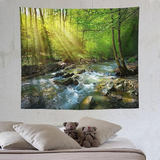 ZhiRain Spring Forest Nature Landscape Tapestry Wall Hanging Beautiful Stream River Rocks Mountain Forest Tapestries Home Decor for Living Room Bedroom Apartment Farmhouse Dorm 50"x60"