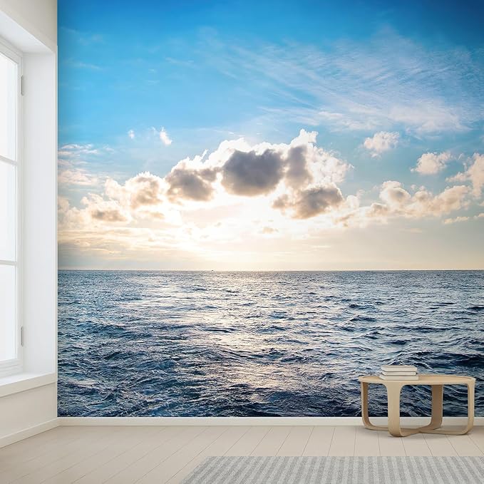 wall26 with Blue Water, Sky and Clouds. Sunset Above Seascape - Removable Wall Mural | Self-Adhesive Large Wallpaper - 120x120 inches