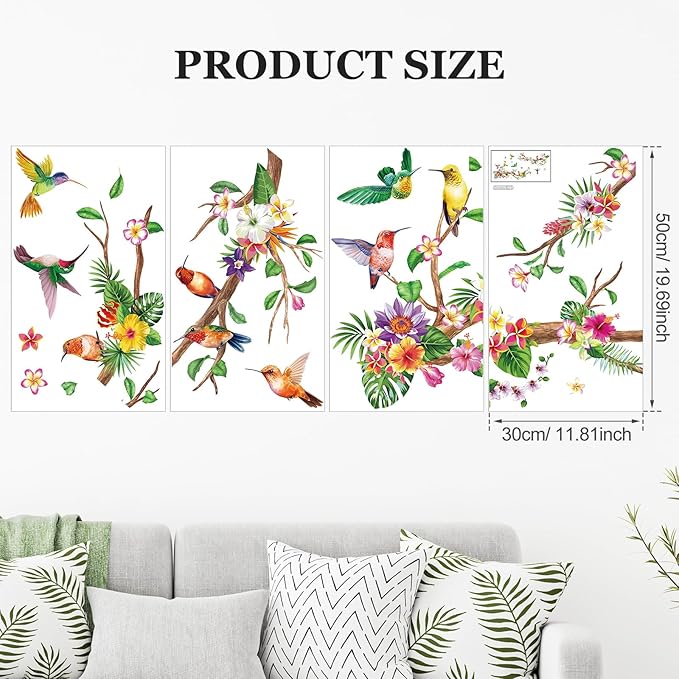 Zonon 6 Pcs Flowers Wall Decals Stickers Vinyl Removable Peel and Stick Colorful Dragonflies Floral Wall Murals Decor for Bedroom Living Room Nursery(Hummingbirds)