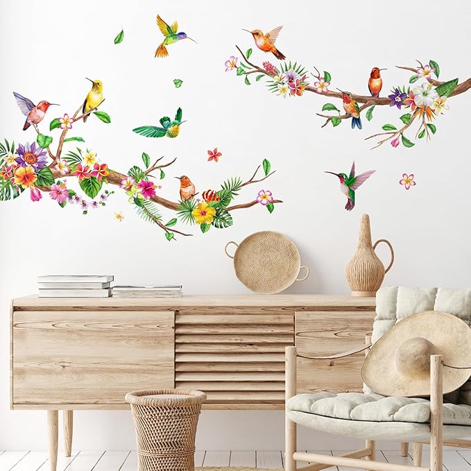 Zonon 6 Pcs Flowers Wall Decals Stickers Vinyl Removable Peel and Stick Colorful Dragonflies Floral Wall Murals Decor for Bedroom Living Room Nursery(Hummingbirds)