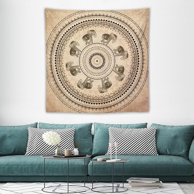 AAVEUP Indian Hippie Bohemian Psychedelic Tapestry Bohemian Brown Abstract Geometric Mandala Flower Vintage Elephant Texture Tapestries for Bedroom Dorm Living Room Decor 60x60in