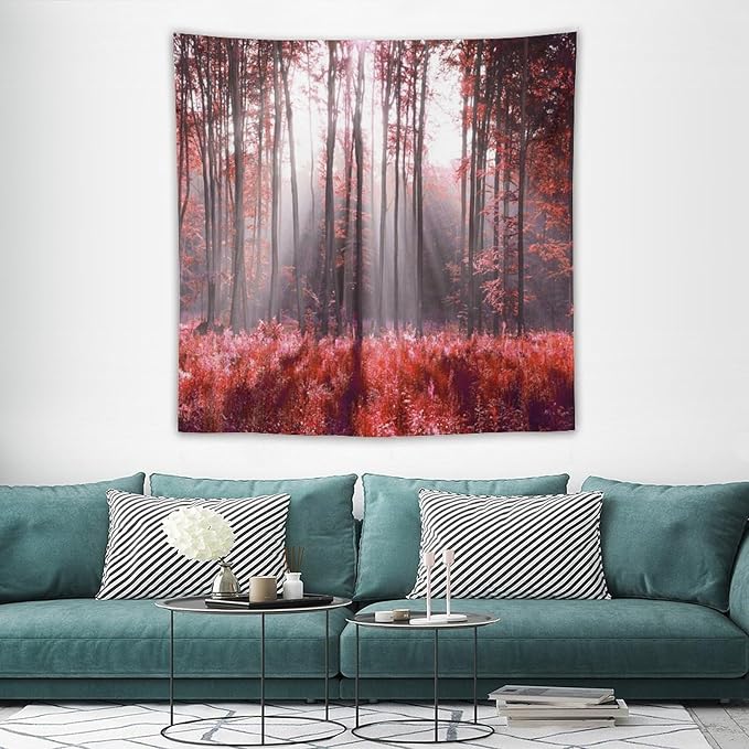 ZhiRain Red Forest Tapestry Wall Hanging Season Foggy Nature And Enchanted Woods Wild Trees Print Tapestries Home Decor for Living Room Bedroom Apartment Farmhouse Dorm 60"x60"