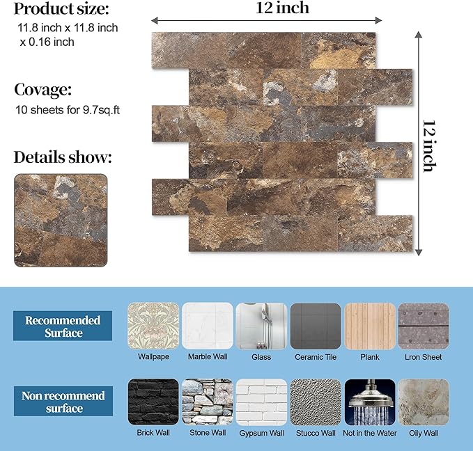 1-Pack Peel and Stick Tile Backsplash 12"X12" PVC Wall Tiles, Stick on Backsplash for Kitchen, Bathroom Tile, Fireplace Décor, Laundry Table, Stair Decals in Rustic