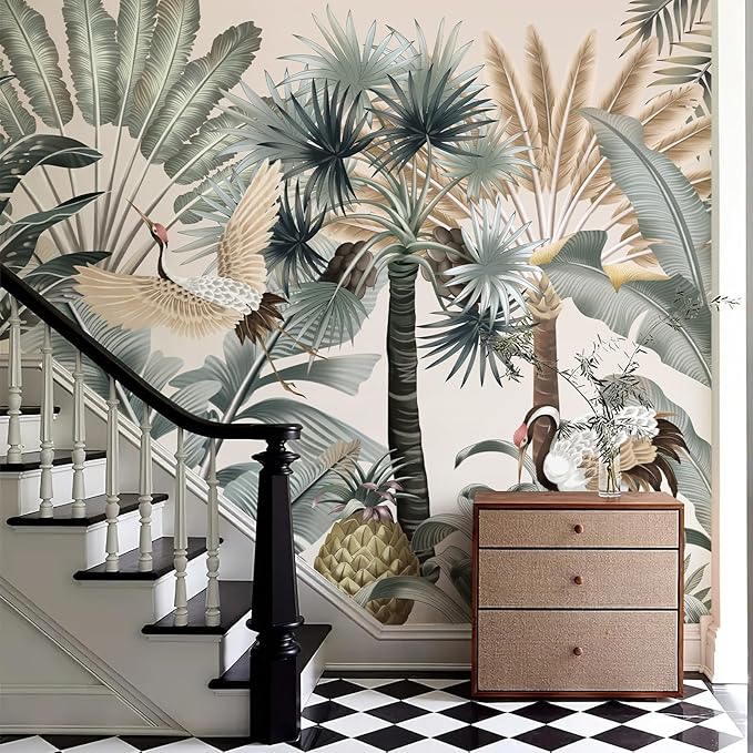 Zeeko Tropical Wall Mural 148" W x 110" H Jungle Forest Peel and Stick Wall Mural Self-Adhesive Crane & Palm Tree Leaf Design Removable Large Wallpaper for Bedroom Living Room Accent Wall