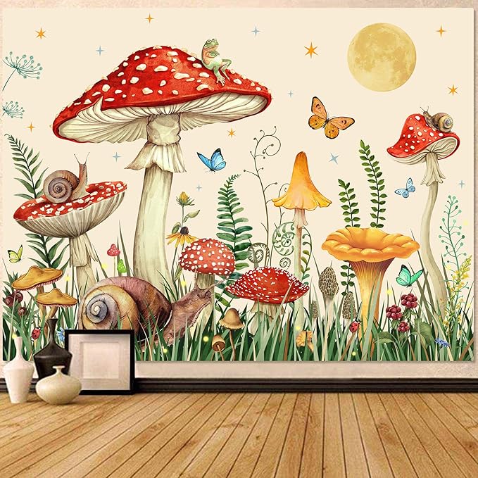 Zussun Red Mushroom Tapestry Moon Star Tapestries for Bedroom Aesthetic Beige Starry Night Green Plant Tapastrys Wall Hanging Butterfly Snail Frog Wall Tapestry for Living Room Dorm (Beige, 60" x 44")