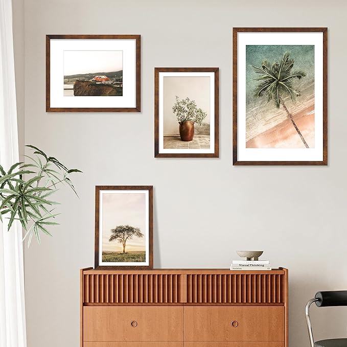 16x20 Picture Frame 5 Pack, Rustic Brown Poster Frame, Display Pictures 11 x 14 with Mat or 16 x 20 Without Mat for Horizontal or Vertical Wall Mounting, Wall Gallery Frame for Artwork Certificate