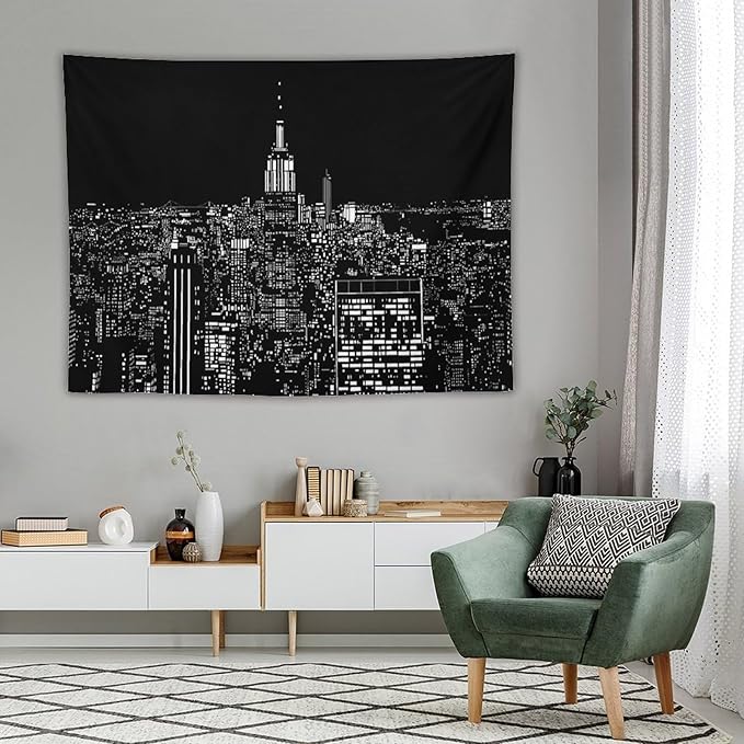 ZhiRain New York Tapestry Wall Hanging Black White Modern Night City Light Tapestries Home Decor for Living Room Bedroom Apartment Farmhouse Dorm 60"x80"