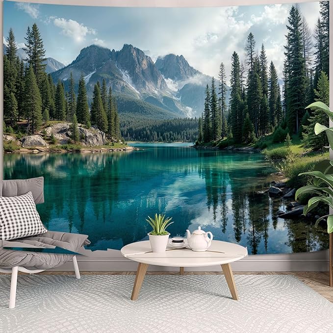 Zussun Nature Forest Mountain Tapestry Green Emerald Lake Pine Tree Tapestry for Bedroom Aesthetic Snowy Peaks Landscape Small Tapestries Wall Hanging for Dorm Living Room Decor 48 x 36 Inch