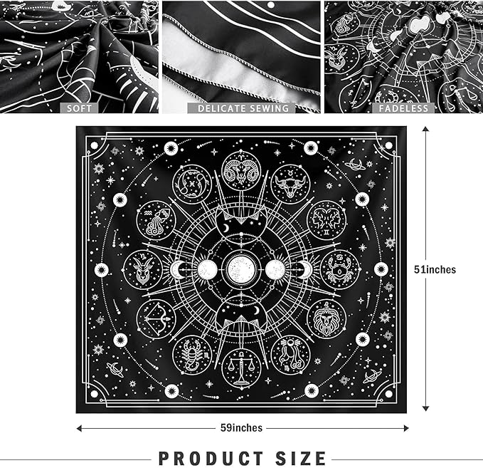 Zodiac Astrology Tapestry - Black and White Constellation Wall Hanging for Teen Girl's Bedroom, Living Room, Dorm (51x59 inches)