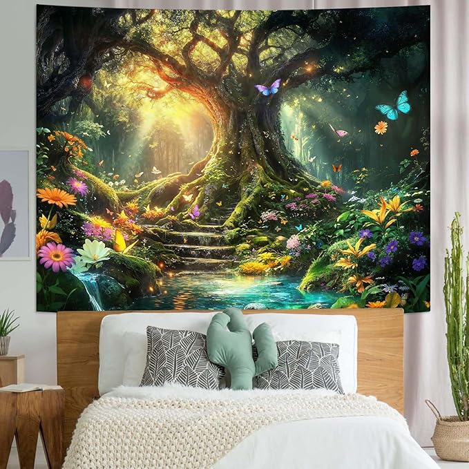 Zussun Fantasy Forest Tapestry Green Tree of Life Fairy Wall Tapestry for Bedroom Aesthetic Nature Floral Butterfly Large Tapestries Wall Hanging for Dorm Living Room Decor 80 x 60 Inch