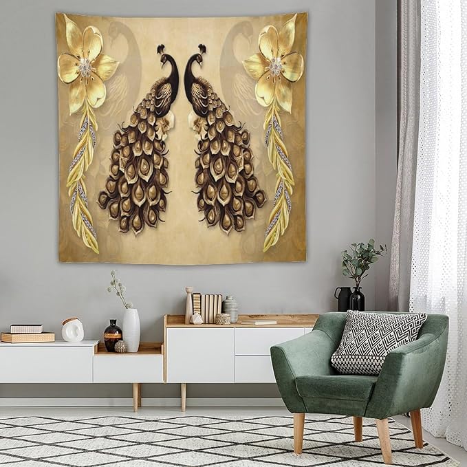 ZhiRain Gold Peacock Tapestry Wall Hanging Vintage Bird Rustic Animal Elegant Flower Luxury Tapestries Home Decor for Living Room Bedroom Farmhouse Apartment Dorm 60"x60"