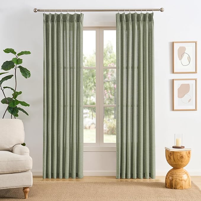 102 Inch Long Curtains Pinch Pleat, Back Tab Sheer Pleated Curtains for Bedroom Dining Room,102 Length 2 Panel Set,Sage Green Color 42 Inches Wide