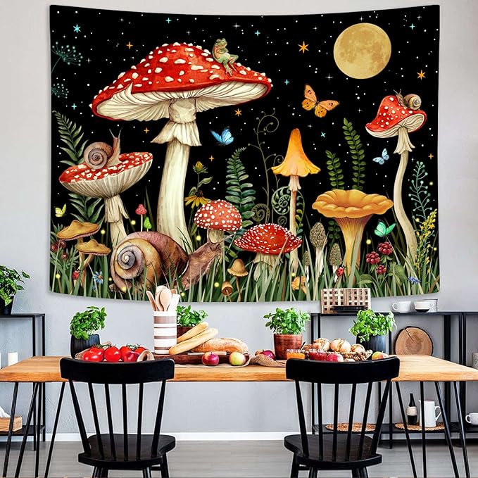 Zussun Red Mushroom Tapestry Moon Star Tapestries for Bedroom Aesthetic Starry Night Green Plant Tapastrys Wall Hanging Butterfly Snail Frog Wall Tapestry for Living Room Dorm (Black, 60" x 44")