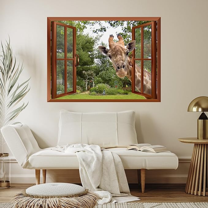 wall26 A Curious Giraffe Sticking its Head into an Open Window Removable Wall Mural - 36"x48"