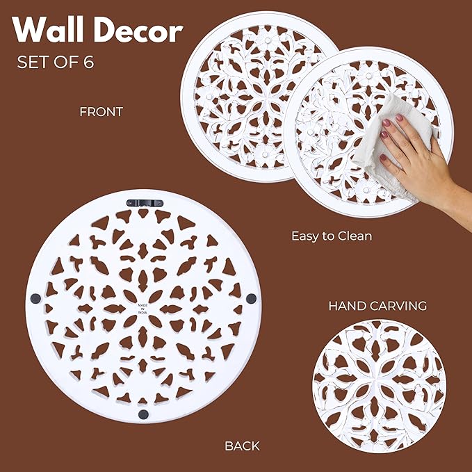 Wood Wall Art - Wall Panels in Handcrafted Carved Wood For Livingroom Bedroom,Dining room,Elegant Decorative Wall Art for Home & Office 12x12" Set of 6 white Antique