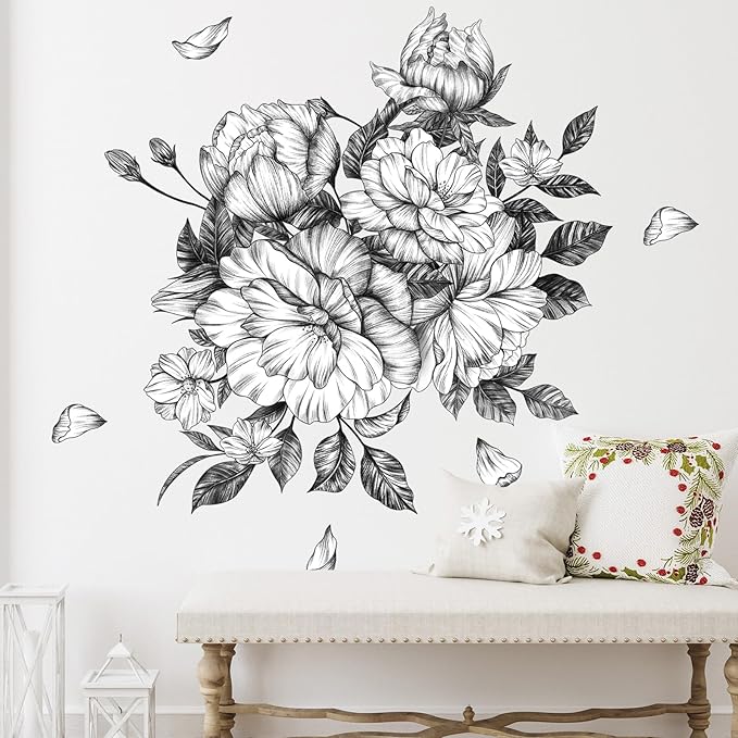 Zonon 6 Pcs Flowers Wall Decals Stickers Vinyl Removable Peel and Stick Colorful Dragonflies Floral Wall Murals Decor for Bedroom Living Room Nursery(Floral Peony)