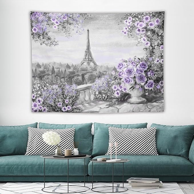 ZhiRain Vintage Paris Tapestry Wall Hanging Eiffel Tower Purple Rose Flower Spring Cityscape Gray Tapestries Home Decor for Living Room Bedroom Apartment Farmhouse Dorm 60"x80"