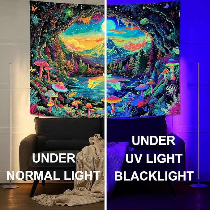 Zussun Blacklight Mushroom Forest Tapestry UV Reactive Nature Mountain Moon Butterfly Tapestry for Bedroom Aesthetic Landscape Large Tapestries Wall Hanging for Dorm Living Room Decor 80 x 60 Inch