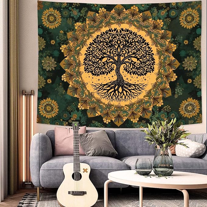 Zussun Tree of Life Tapestry Vintage Boho Mandala Tapestries for Bedroom Aesthetic Retro Bohemian Green Yellow Plant Floral Flowers Leaves Tapestry Wall Hanging for Dorm Living Room 80 x 60 Inch