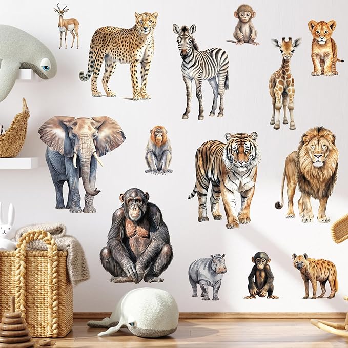AM AMAONM Removable 3D Nature Jungle Wild Animals Wall Stickers DIY Peel and Stick Safari Tiger Lion Elephant Wall Decals Aniaml Wall art Decor for Kids Baby Bedroom Nursery Living Room (Anaiml Party)