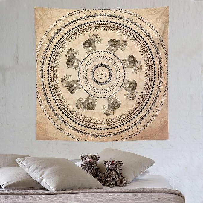 AAVEUP Indian Hippie Bohemian Psychedelic Tapestry Bohemian Brown Abstract Geometric Mandala Flower Vintage Elephant Texture Tapestries for Bedroom Dorm Living Room Decor 60x60in