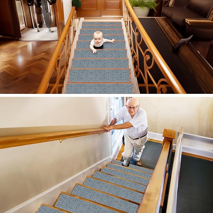 15Pcs Stair Treads for Wooden Steps Indoor with Self Adhesive, 8"x30" Non Slip Stair Runners-Peel & Stick Indoor Stair Carpet Runner, Resistant Indoor Runner for Kids、Elders and Pets, Grey