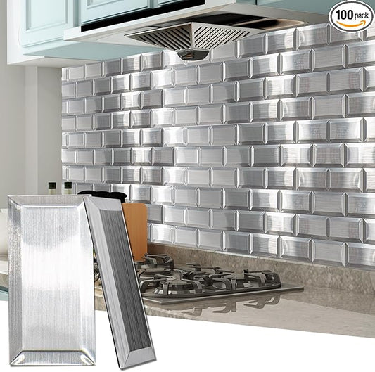 Art3d 100 Pcs Peel and Stick Backsplash Tiles, 3D Textured Metal Stick On Subway Wall Tiles for Kitchen Back Splashes, Bathroom, Laundry Room, 3 x 6 Inch, Stainless