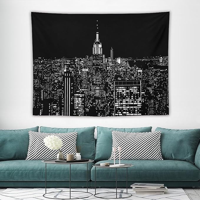 ZhiRain New York Tapestry Wall Hanging Black White Modern Night City Light Tapestries Home Decor for Living Room Bedroom Apartment Farmhouse Dorm 60"x80"