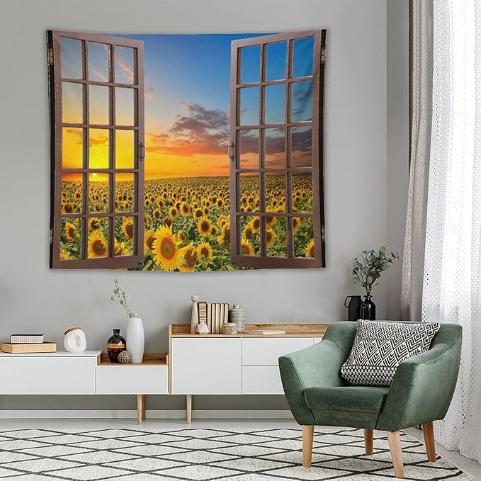 ZhiRain Sunflowers Scenery Tapestry Wall Hanging Through The Window Fields Sunset Landscape Tapestries Home Decor for Living Room Bedroom Apartment Farmhouse Dorm 50"x60"