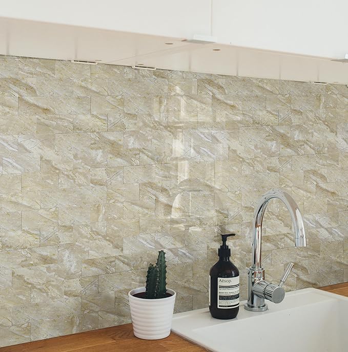 Yipscazo Peel and Stick backsplash 3 x 6 Inches 3D PVC Composite Wall Tile Stick on Backsplash Tile for Kitchen Bathroom, Laundry Room, Fireplace(Polished Beige, 100 Pieces)