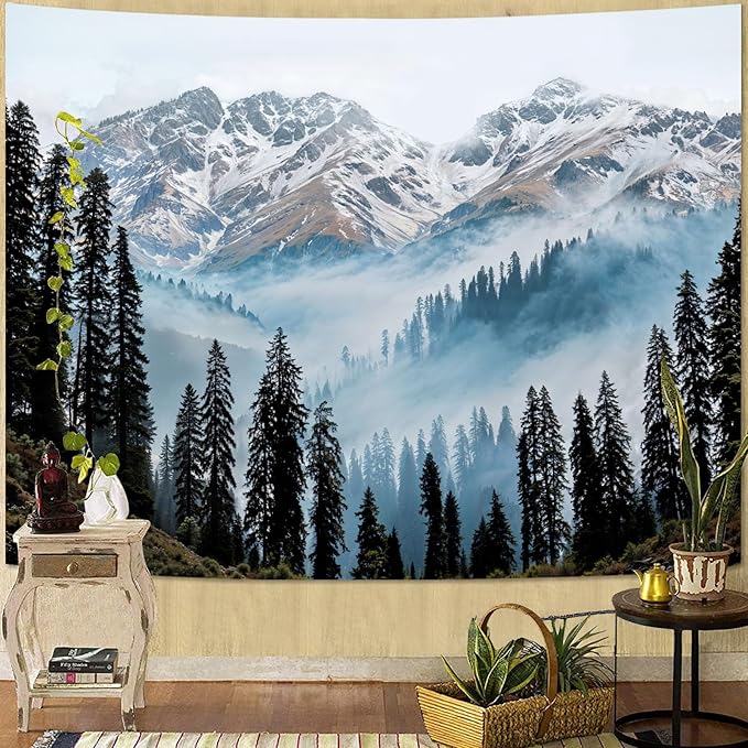 Zussun Nature Mountain Forest Tapestry Pine Tree Jungle Wall Tapestry for Bedroom Aesthetic Misty Snowy Landscape Small Tapestries Wall Hanging for Dorm Living Room Decor 48 x 36 Inch