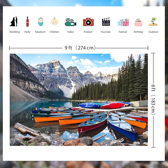 ZHXYMMS Mountain Lake Backdrop Banff National Park Lake Forest Scenery Photography Background Canadian Rockies Pine Trees Lakeside Canoe Outdoor Decorations Banner Photo Booth Studio Props 9x6ft
