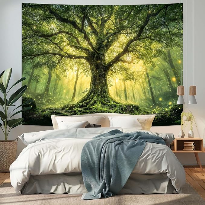Zussun Green Tree of Life Tapestry Fantasy Fairy Forest Wall Tapestry for Bedroom Aesthetic Nature Misty Woodland Large Tapestries Wall Hanging for Dorm Living Room Decor 80 x 60 Inch