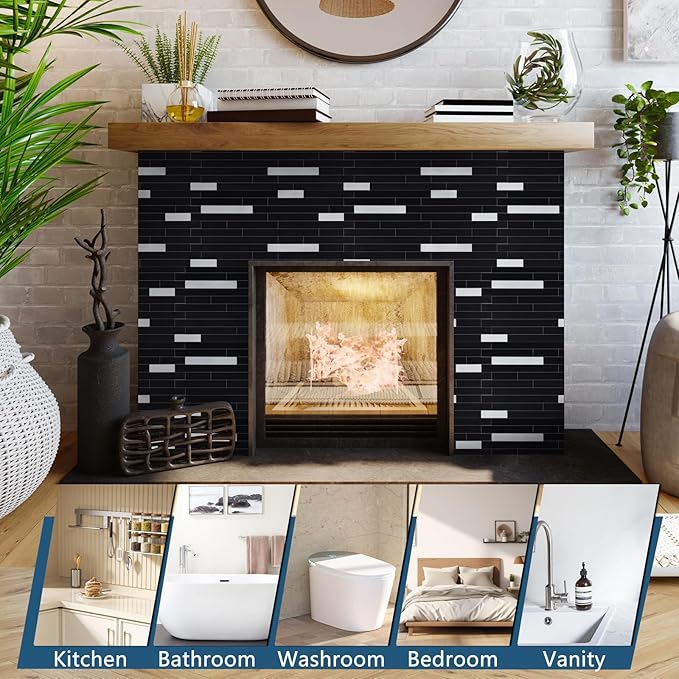 Yipscazo 40 Sheets Peel and Stick Stone Metal Backsplash, PVC Wall Tiles Stick on Tiles for Backsplash Kitchen, Bathroom, Fireplace (6'' X 12'', Black)