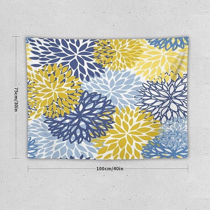 ZhiRain Blue Yellow Floral Tapestry Wall Hanging Boho Dahlia Chrisanthemum Flowers Pattern Tapestries Home Decor for Living Room Bedroom Farmhouse Apartment Dorm 30"x40"