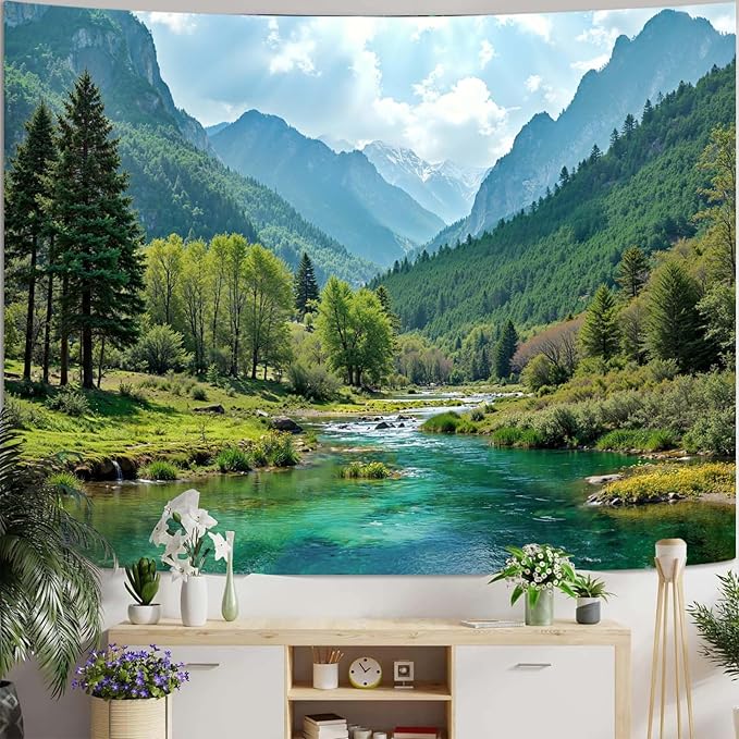 Zussun Nature Mountain Forest Tapestry Sage Green Tree Stream Wall Tapestry for Bedroom Aesthetic Lush Woodland Landscape Large Tapestries Wall Hanging for Dorm Living Room Decor 80 x 60 Inch
