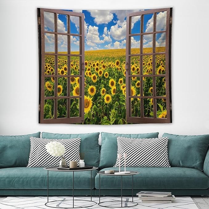 ZhiRain Sunflowers Scenery Tapestry Wall Hanging Fields Blue Sky White Clouds Landscape Tapestries Home Decor for Living Room Bedroom Farmhouse Apartment Dorm 50"x60"