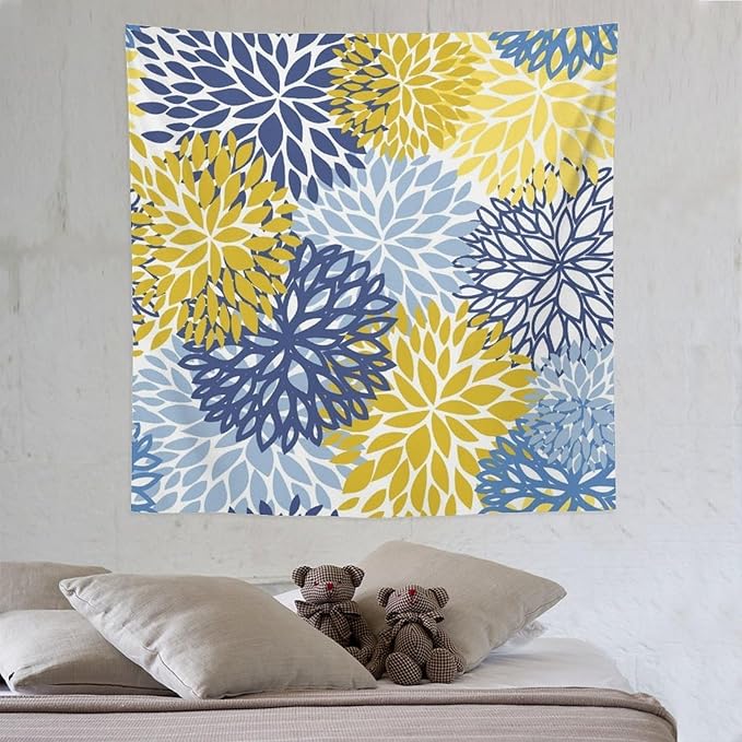 ZhiRain Blue Yellow Floral Tapestry Wall Hanging Boho Dahlia Chrisanthemum Flowers Pattern Tapestries Home Decor for Living Room Bedroom Farmhouse Apartment Dorm 60"x60"