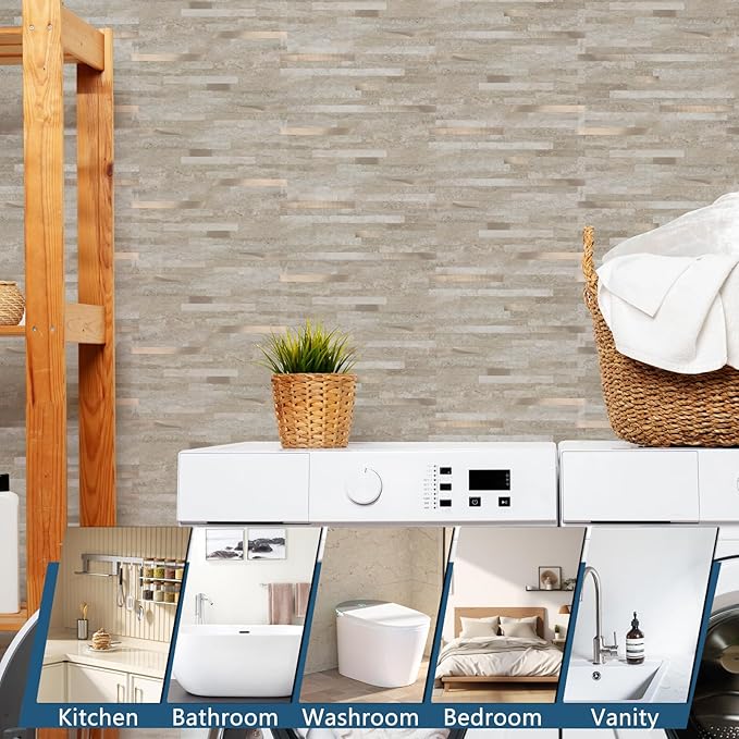 Yipscazo 20 Sheets PVC Wall Tiles Stick on Tiles for Backsplash Kitchen, Bathroom, Laundry Room, Camper, Fireplace (6'' X 12'', Rock)