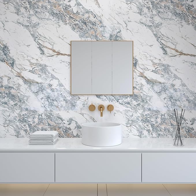 32"x354" Large White Bule Marble Paper Thick Vinyl Granite Adhesive Waterproof peel and stick Wallpaper Textured kitcheh Barthroom Countertops Contact Paper Wall Sticker Top Wall Mural Backsplash Wrap