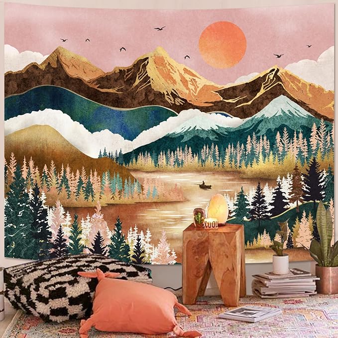 Zussun Mountain Tapestry Nature Forest Tree Tapestries for Bedroom Aesthetic Sunset Tapastry's Wall Hanging Orange and Green Landscape Wall Tapestry for Living Room Dorm (Orange, 90'' × 68'')